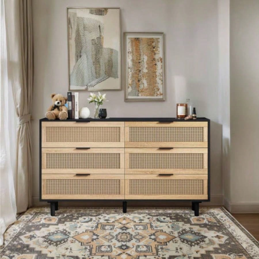 51 Rattan Dresser with Drawers, 6 Drawer Dresser Bedroom, Clothes Storage Cabinet Bedroom, Metal HandleWood Hallway, Living Room, Bedroom, Natural