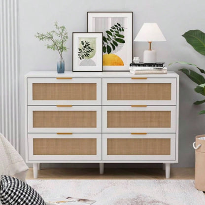51 Rattan Dresser with Drawers, 6 Drawer Dresser Bedroom, Clothes Storage Cabinet Bedroom, Metal HandleWood Hallway, Living Room, Bedroom, Natural