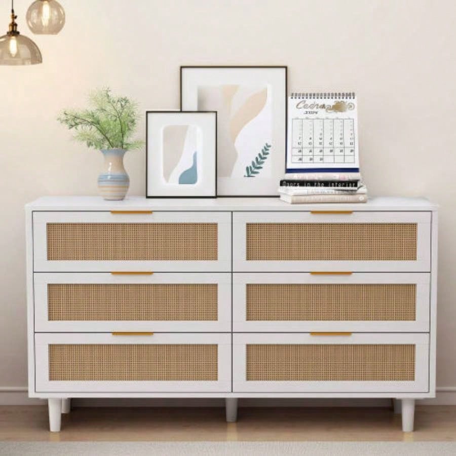51 Rattan Dresser with Drawers, 6 Drawer Dresser Bedroom, Clothes Storage Cabinet Bedroom, Metal HandleWood Hallway, Living Room, Bedroom, Natural