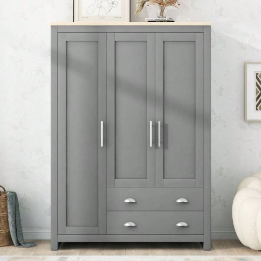 Three Door Storage Wardrobe with Cabinets and Two Hanging Rods, Gray