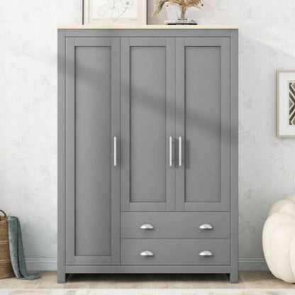 Three Door Storage Wardrobe with Cabinets and Two Hanging Rods, Gray