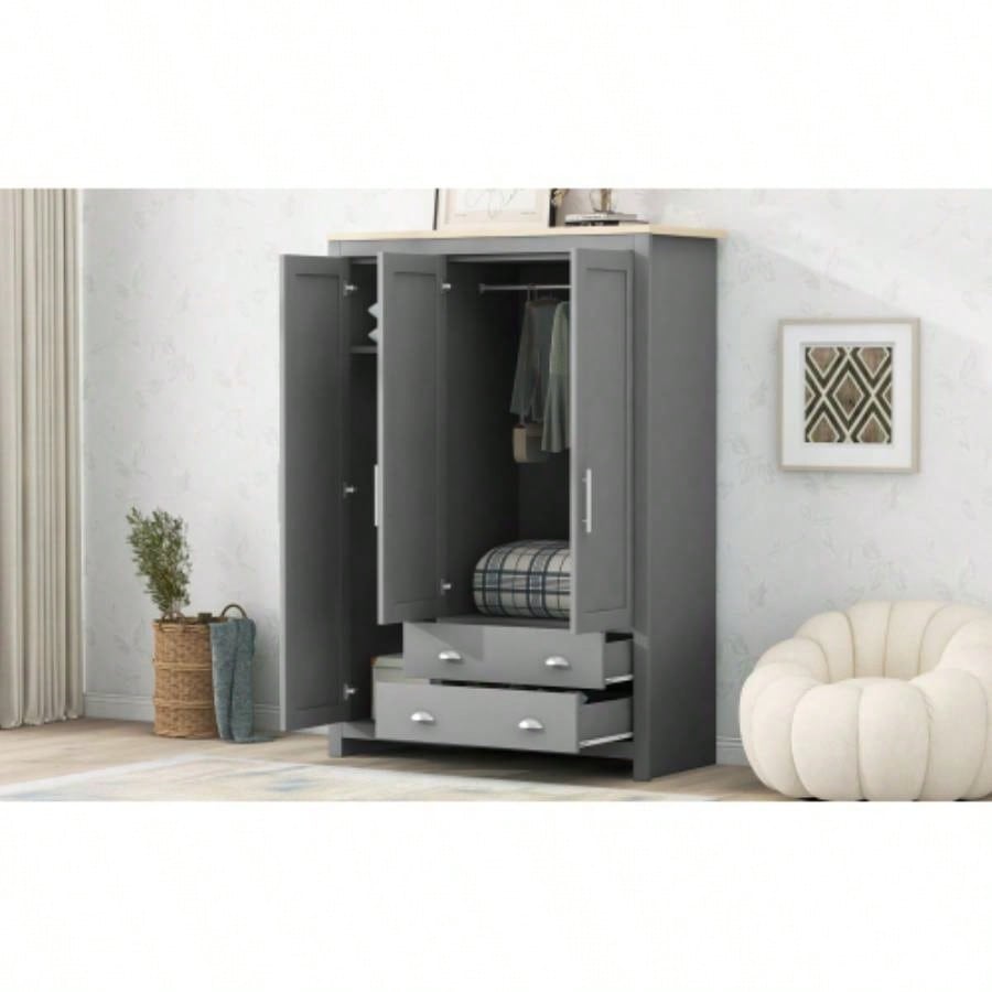 Three Door Storage Wardrobe with Cabinets and Two Hanging Rods, Gray