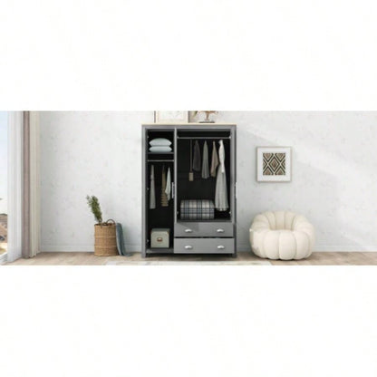 Three Door Storage Wardrobe with Cabinets and Two Hanging Rods, Gray