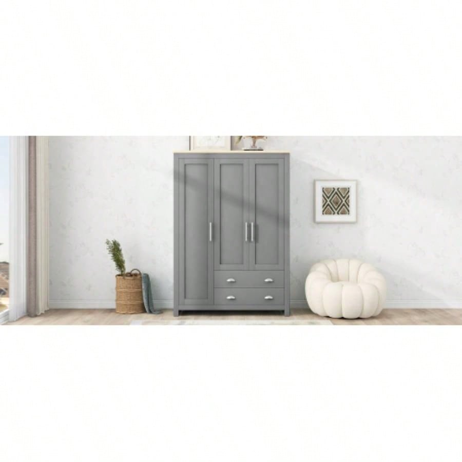 Three Door Storage Wardrobe with Cabinets and Two Hanging Rods, Gray