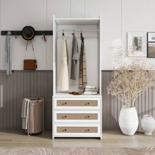 Wardrobe with 3 Drawers High Wardrobe Armoire With Rattan Living Room, Bedroom Organizer
