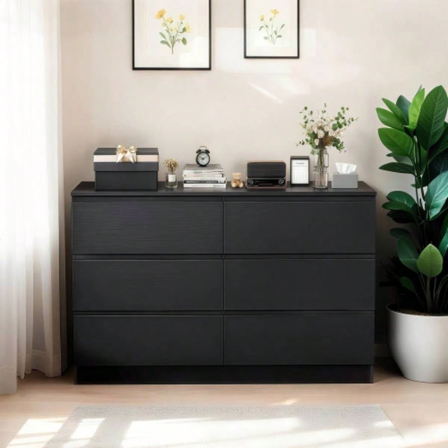 6 Drawer Black Dresser, Modern Bedroom Dresser with Spacious Countertop, Wood Storage Cabinet with Concealed Handles 6 Deep Drawers Bedroom, Living Room, Entryway, 15. Dx 47.2x 30.9 H