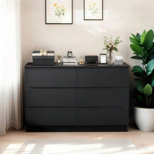 6 Drawer Black Dresser, Modern Bedroom Dresser with Spacious Countertop, Wood Storage Cabinet with Concealed Handles 6 Deep Drawers Bedroom, Living Room, Entryway, 15. Dx 47.2x 30.9 H