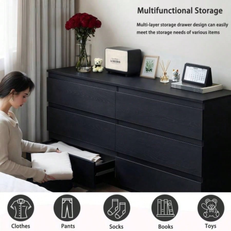 6 Drawer Black Dresser, Modern Bedroom Dresser with Spacious Countertop, Wood Storage Cabinet with Concealed Handles 6 Deep Drawers Bedroom, Living Room, Entryway, 15. Dx 47.2x 30.9 H