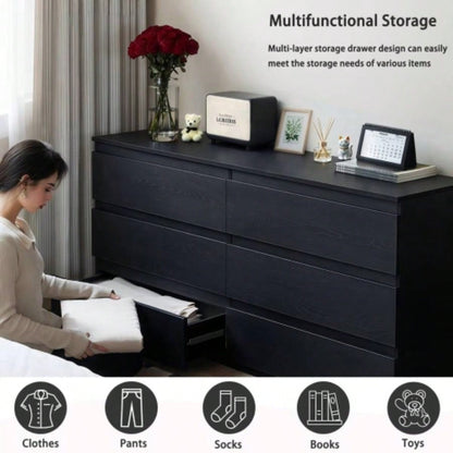6 Drawer Black Dresser, Modern Bedroom Dresser with Spacious Countertop, Wood Storage Cabinet with Concealed Handles 6 Deep Drawers Bedroom, Living Room, Entryway, 15. Dx 47.2x 30.9 H