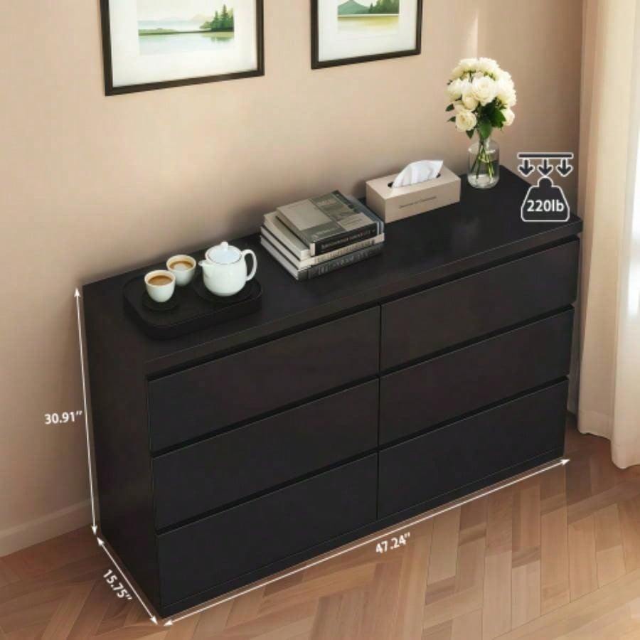 6 Drawer Black Dresser, Modern Bedroom Dresser with Spacious Countertop, Wood Storage Cabinet with Concealed Handles 6 Deep Drawers Bedroom, Living Room, Entryway, 15. Dx 47.2x 30.9 H