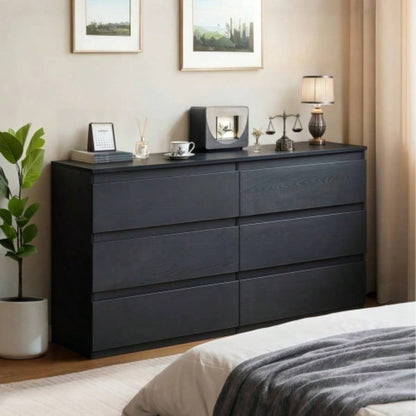 6 Drawer Black Dresser, Modern Bedroom Dresser with Spacious Countertop, Wood Storage Cabinet with Concealed Handles 6 Deep Drawers Bedroom, Living Room, Entryway, 15. Dx 47.2x 30.9 H