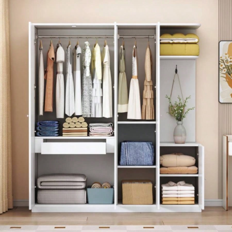 4 - Door Wardrobe with Shelves, Drawers, and Full - Length Mirror, White