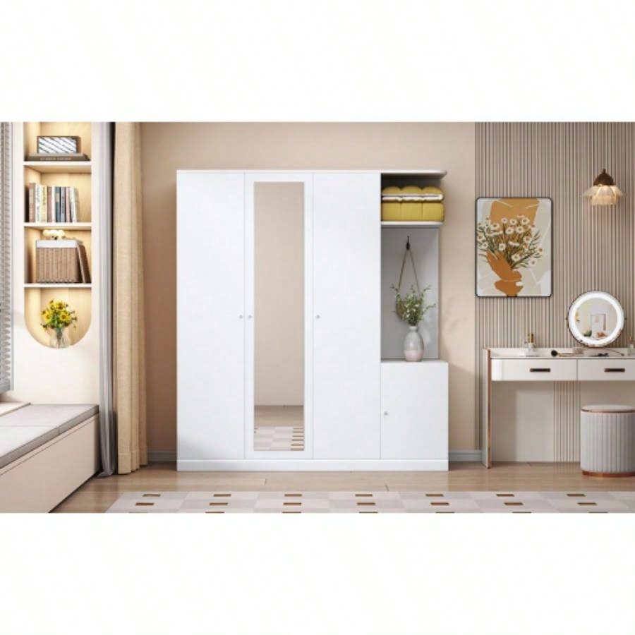 4 - Door Wardrobe with Shelves, Drawers, and Full - Length Mirror, White
