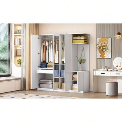 4 - Door Wardrobe with Shelves, Drawers, and Full - Length Mirror, White