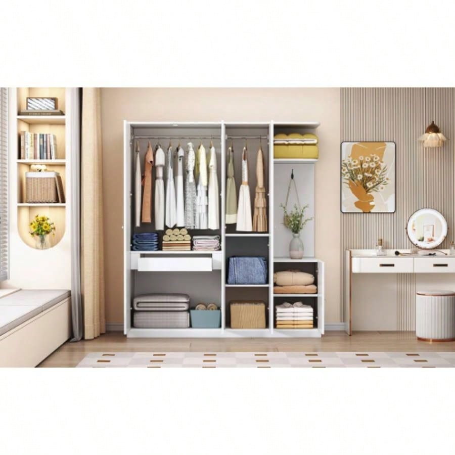 4 - Door Wardrobe with Shelves, Drawers, and Full - Length Mirror, White