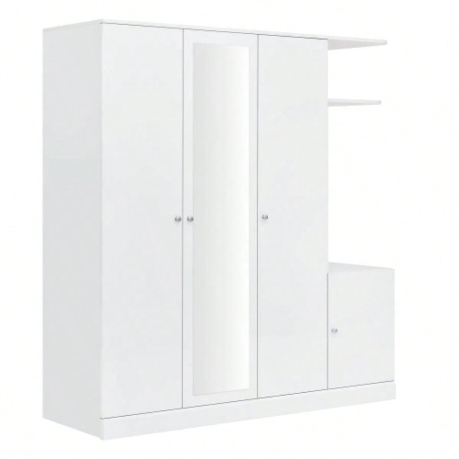 4 - Door Wardrobe with Shelves, Drawers, and Full - Length Mirror, White