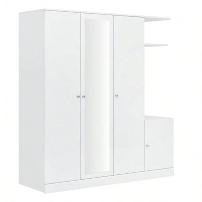 4 - Door Wardrobe with Shelves, Drawers, and Full - Length Mirror, White