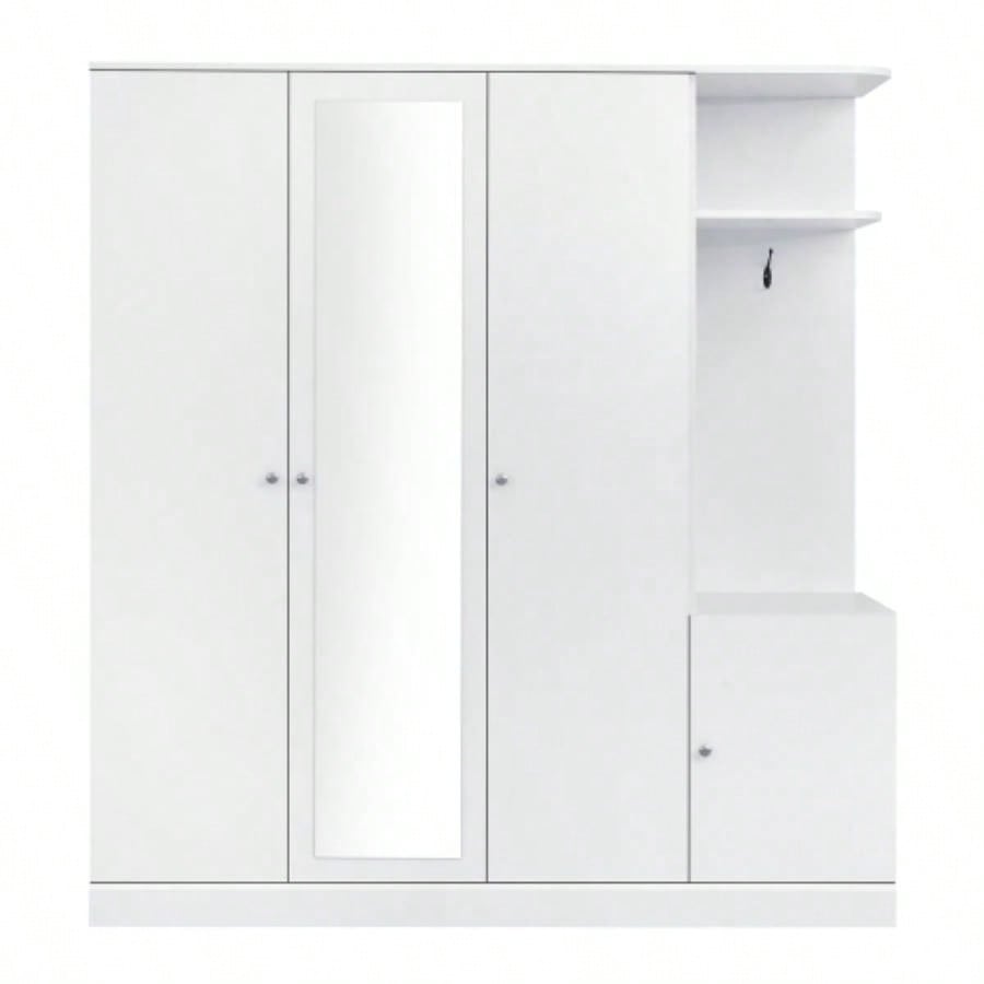 4 - Door Wardrobe with Shelves, Drawers, and Full - Length Mirror, White