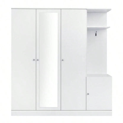 4 - Door Wardrobe with Shelves, Drawers, and Full - Length Mirror, White