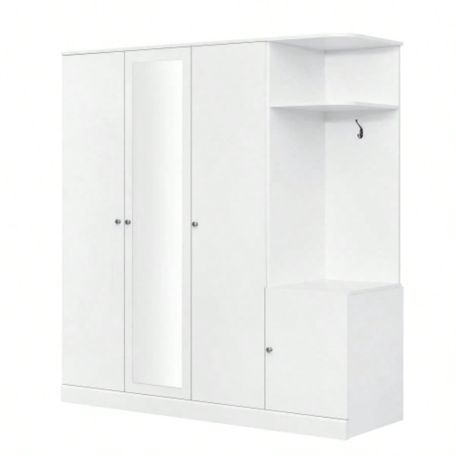 4 - Door Wardrobe with Shelves, Drawers, and Full - Length Mirror, White