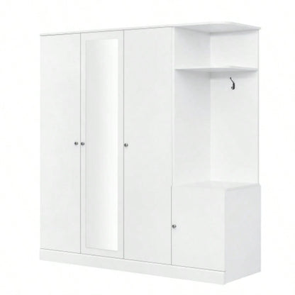 4 - Door Wardrobe with Shelves, Drawers, and Full - Length Mirror, White