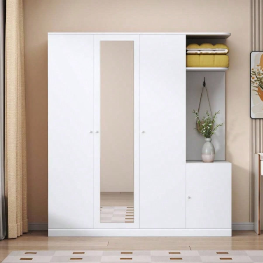 4 - Door Wardrobe with Shelves, Drawers, and Full - Length Mirror, White