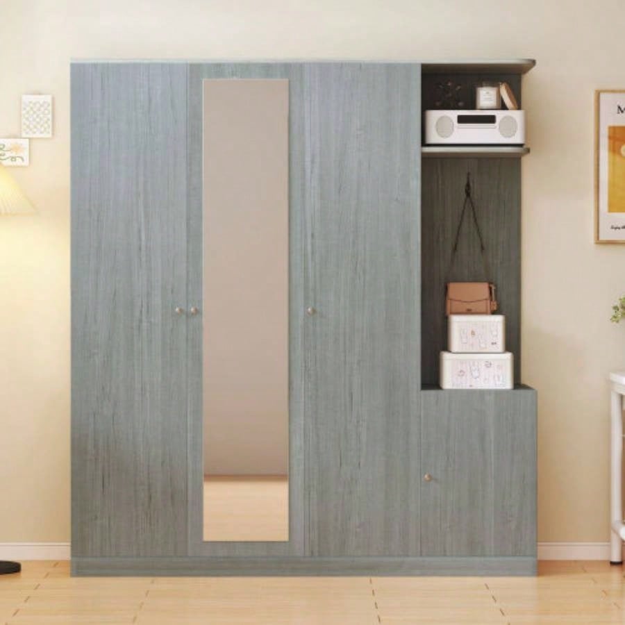 4 - Door Wardrobe with Shelves, Drawers, and Full - Length Mirror, White