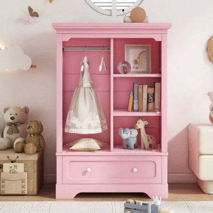 Open childrens wardrobe with a hanging rod and open shelves, one large drawer, low design close to ground easy access, Pink.