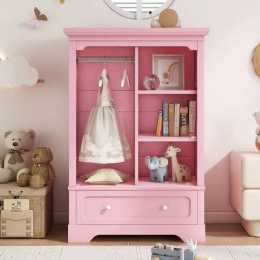 Open childrens wardrobe with a hanging rod and open shelves, one large drawer, low design close to ground easy access, Pink.