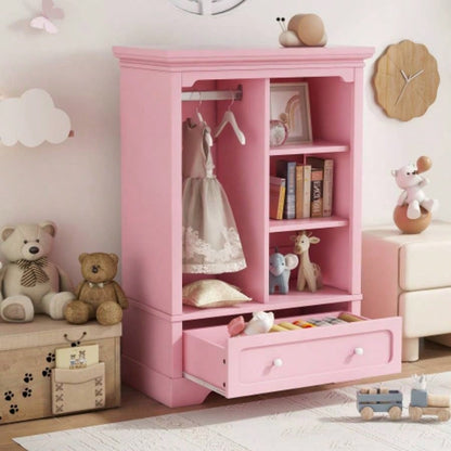 Open childrens wardrobe with a hanging rod and open shelves, one large drawer, low design close to ground easy access, Pink.