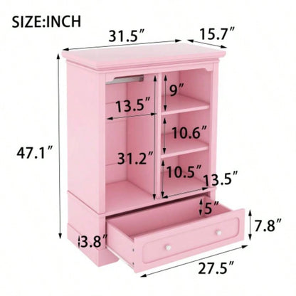 Open childrens wardrobe with a hanging rod and open shelves, one large drawer, low design close to ground easy access, Pink.