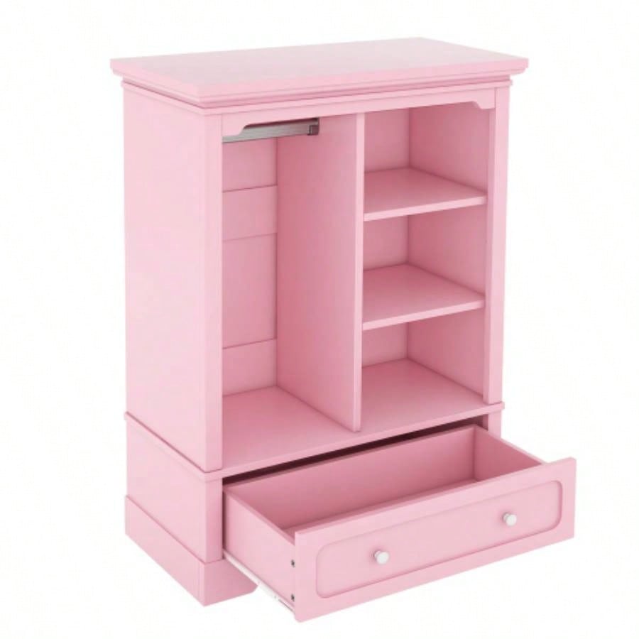 Open childrens wardrobe with a hanging rod and open shelves, one large drawer, low design close to ground easy access, Pink.