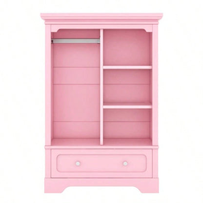 Open childrens wardrobe with a hanging rod and open shelves, one large drawer, low design close to ground easy access, Pink.