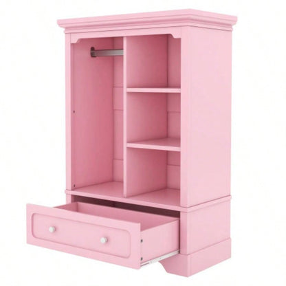 Open childrens wardrobe with a hanging rod and open shelves, one large drawer, low design close to ground easy access, Pink.