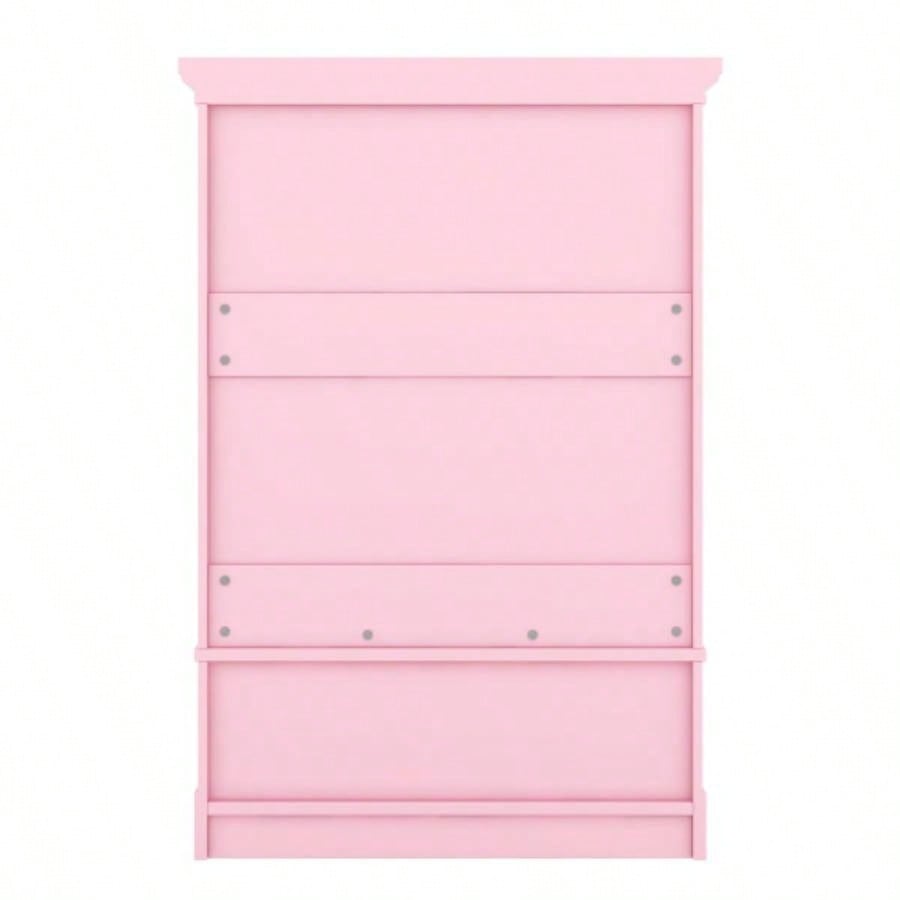 Open childrens wardrobe with a hanging rod and open shelves, one large drawer, low design close to ground easy access, Pink.