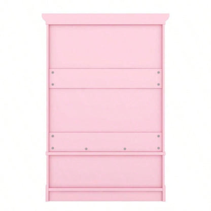 Open childrens wardrobe with a hanging rod and open shelves, one large drawer, low design close to ground easy access, Pink.