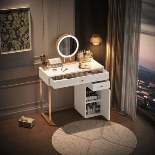 31.5 Makeup Vanity Desk with Lighted Mirror, Luxury Dressing Table with 2 Drawers and 1 Cabinet, 3 Lighting Modes Available Bedroom, White - Gold