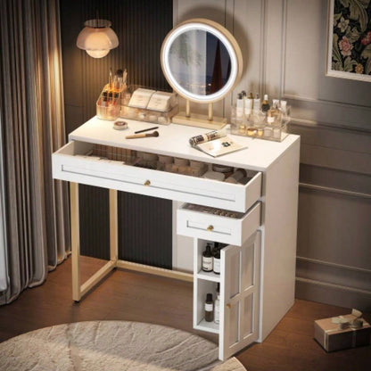 31.5 Makeup Vanity Desk with Lighted Mirror, Luxury Dressing Table with 2 Drawers and 1 Cabinet, 3 Lighting Modes Available Bedroom, White - Gold