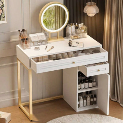 31.5 Makeup Vanity Desk with Lighted Mirror, Luxury Dressing Table with 2 Drawers and 1 Cabinet, 3 Lighting Modes Available Bedroom, White - Gold