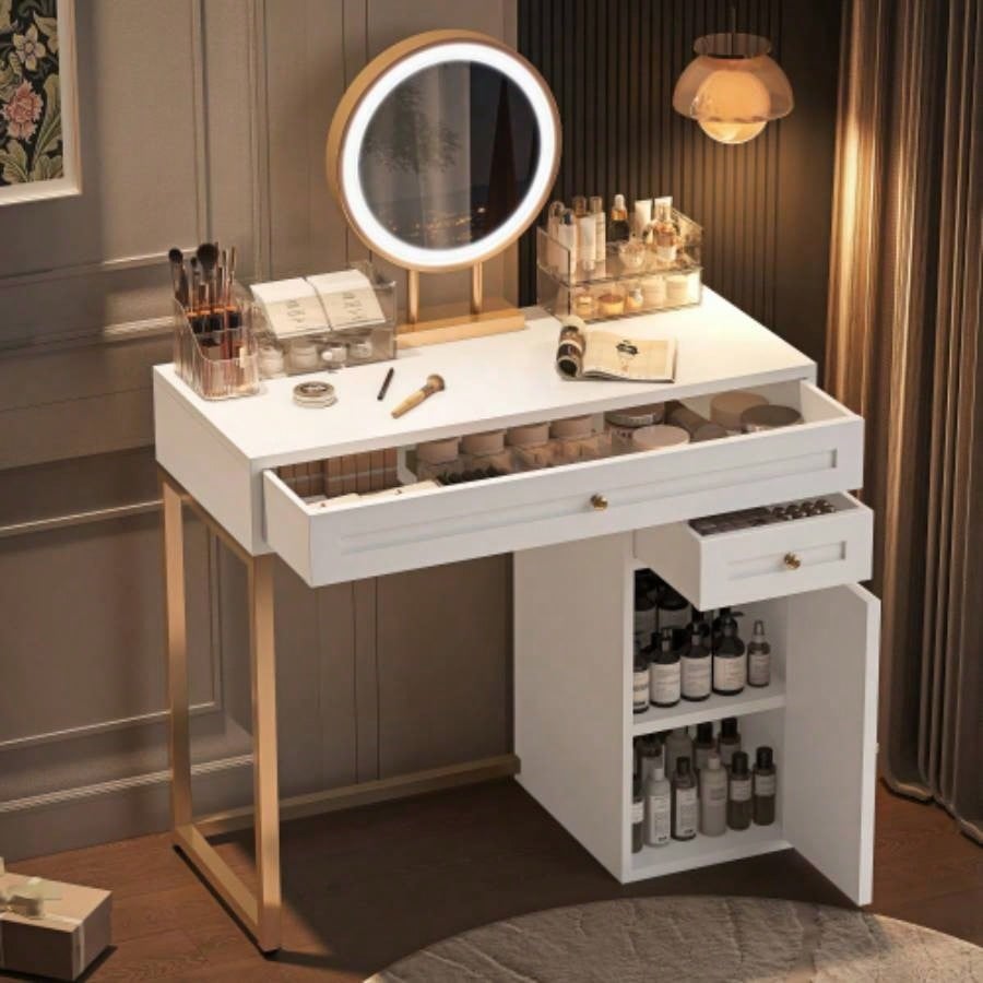 31.5 Makeup Vanity Desk with Lighted Mirror, Luxury Dressing Table with 2 Drawers and 1 Cabinet, 3 Lighting Modes Available Bedroom, White - Gold