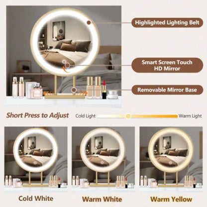 31.5 Makeup Vanity Desk with Lighted Mirror, Luxury Dressing Table with 2 Drawers and 1 Cabinet, 3 Lighting Modes Available Bedroom, White - Gold
