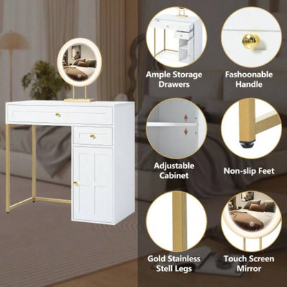 31.5 Makeup Vanity Desk with Lighted Mirror, Luxury Dressing Table with 2 Drawers and 1 Cabinet, 3 Lighting Modes Available Bedroom, White - Gold