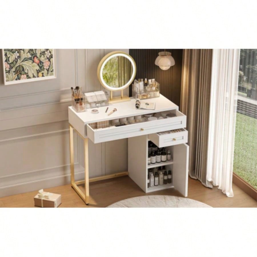 31.5 Makeup Vanity Desk with Lighted Mirror, Luxury Dressing Table with 2 Drawers and 1 Cabinet, 3 Lighting Modes Available Bedroom, White - Gold