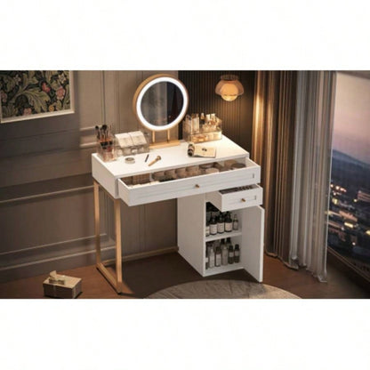 31.5 Makeup Vanity Desk with Lighted Mirror, Luxury Dressing Table with 2 Drawers and 1 Cabinet, 3 Lighting Modes Available Bedroom, White - Gold