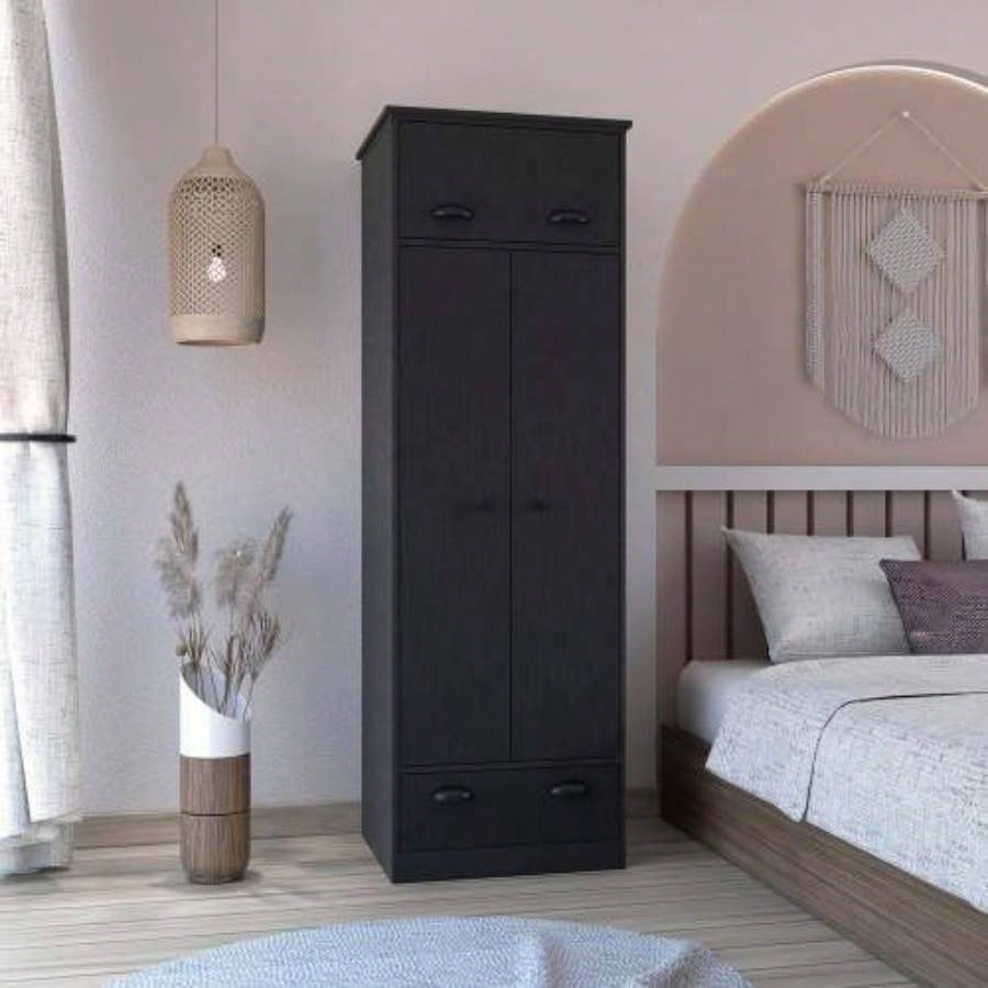 Dresser - closet with upper storage covered with 1 door, 2 central shelves, 1 tube hanging clothes covered by 2 doors, 1 drawer at bottom, Black