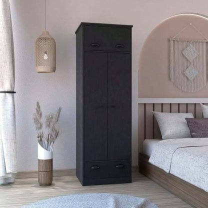 Dresser - closet with upper storage covered with 1 door, 2 central shelves, 1 tube hanging clothes covered by 2 doors, 1 drawer at bottom, Black