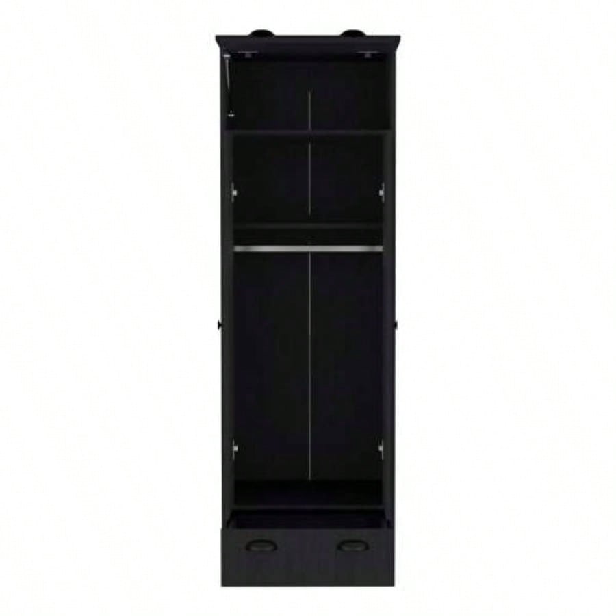 Dresser - closet with upper storage covered with 1 door, 2 central shelves, 1 tube hanging clothes covered by 2 doors, 1 drawer at bottom, Black