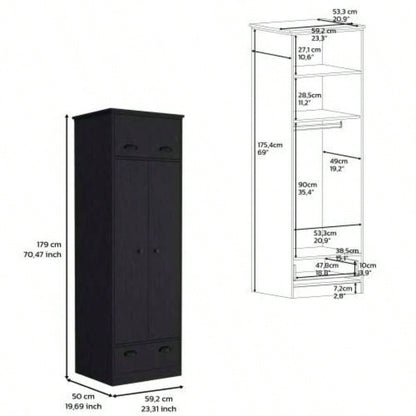 Dresser - closet with upper storage covered with 1 door, 2 central shelves, 1 tube hanging clothes covered by 2 doors, 1 drawer at bottom, Black