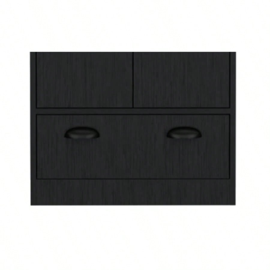 Dresser - closet with upper storage covered with 1 door, 2 central shelves, 1 tube hanging clothes covered by 2 doors, 1 drawer at bottom, Black