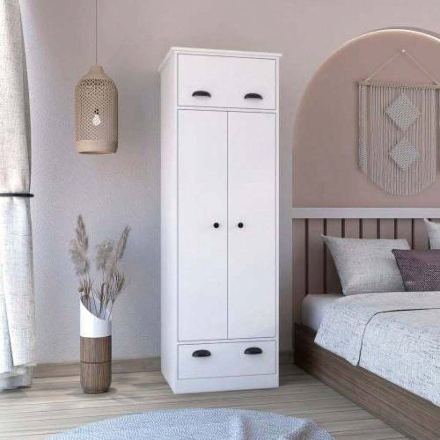 Dresser - closet with upper storage covered with 1 door, 2 central shelves, 1 tube hanging clothes covered by 2 doors, 1 drawer at bottom, Black